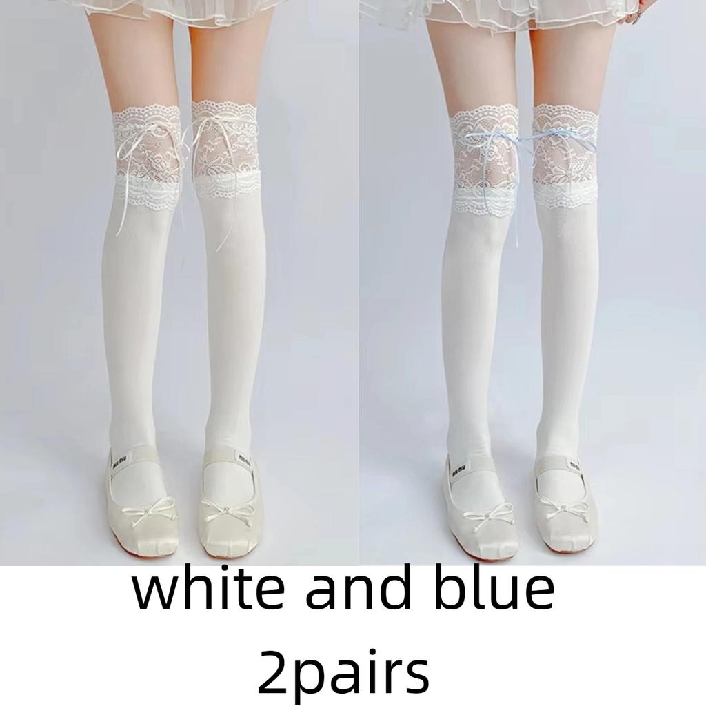 1pairs White Lace Lace Tied Ribbon Velvet Over Knee Socks Lolita Cute Sweet Calf Socks Women's Mid-Leg Kawai Thigh High Socks