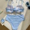 1011 New Blue and White Vertical Striped Fungus Edge Sling Gathering Bow Fresh High Waist Vacation Split Swimsuit Women