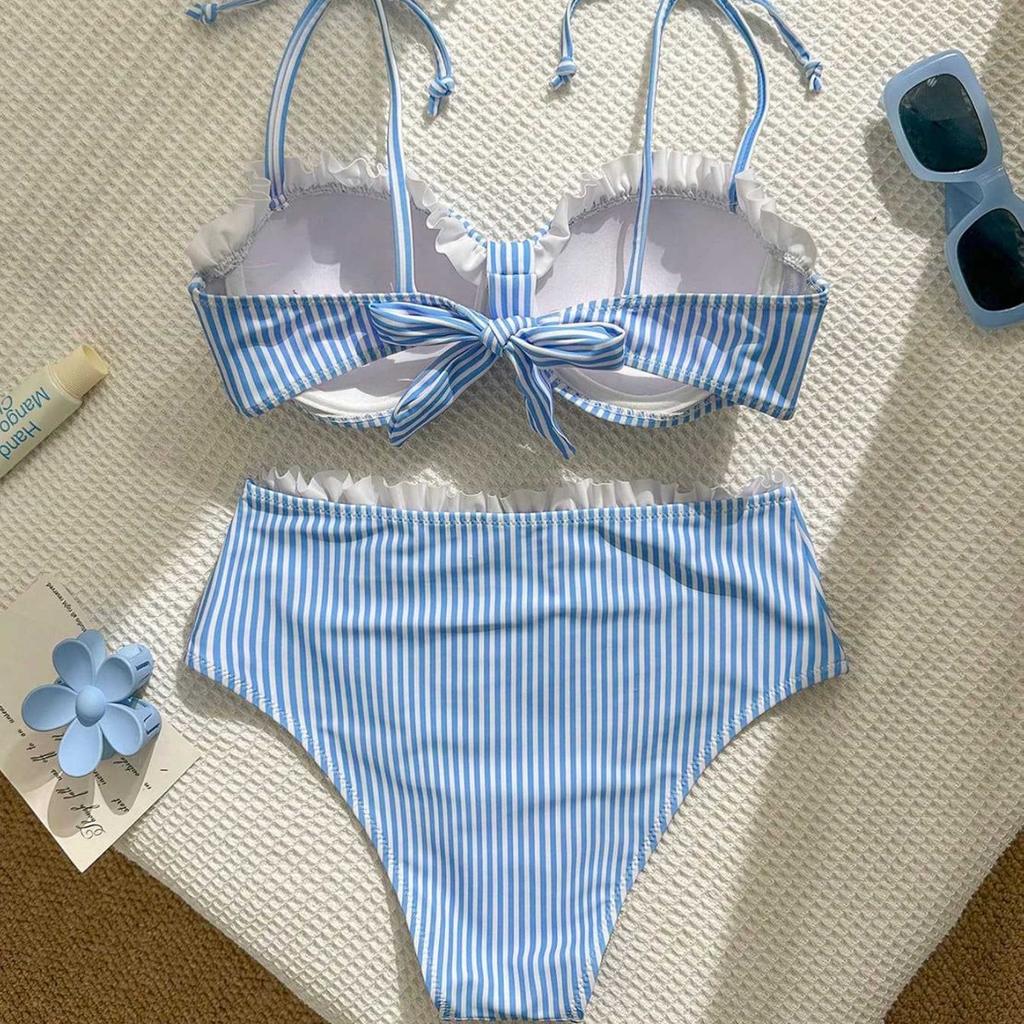 1011 New Blue and White Vertical Striped Fungus Edge Sling Gathering Bow Fresh High Waist Vacation Split Swimsuit Women