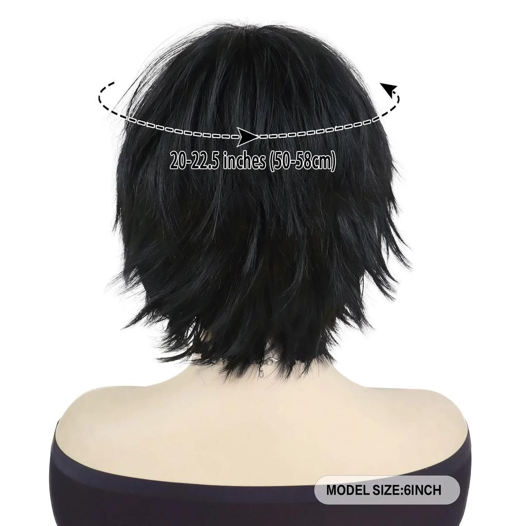 Short Black Wigs for Women Synthetic Hair Cosplay Wig with Bangs Shag Curly Hairstyles Anime Costume Party Halloween Wig Natural