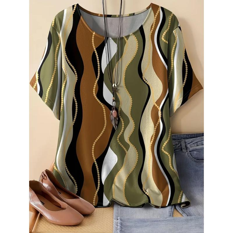 Fashion Women's Crew Neck Short Sleeve 3D Color Printing Striped Short Sleeve Crew Neck T-Shirt