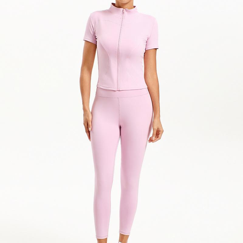 European & American Solid Color Yoga Two-Piece Set: Short Sleeve Top & Nine-Point Pants