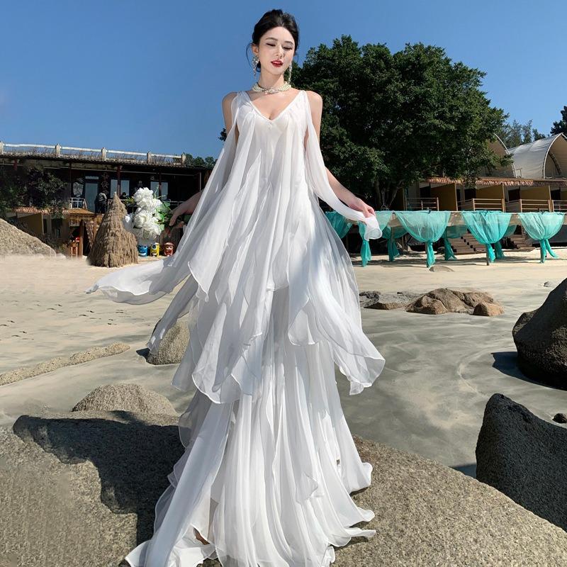 Heavy Industry Laminated Ruffle Leaf Edge Seaside Photo Beautiful Dress Elegant Morning Robe Daily Birthday Dress Beach Dress