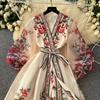 Vestido de Fiesta Boho para Mujer Impresión Floral Preciosa Gasa Manga de Farol Cierre de Cordones Cruzado Cuello en V Empalme de Banda de Satén