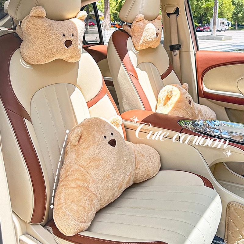 Cartoon Bear Car Neck & Lumbar Pillow – Cute Plush Support for Comfortable Car Rides