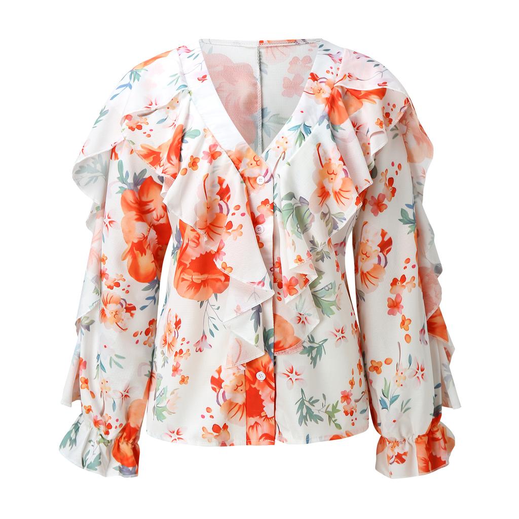 VEZFAA Women's Fashion Casual Spring Autumn Solid Color Print Long Sleeve V-Neck Blouses & Shirts