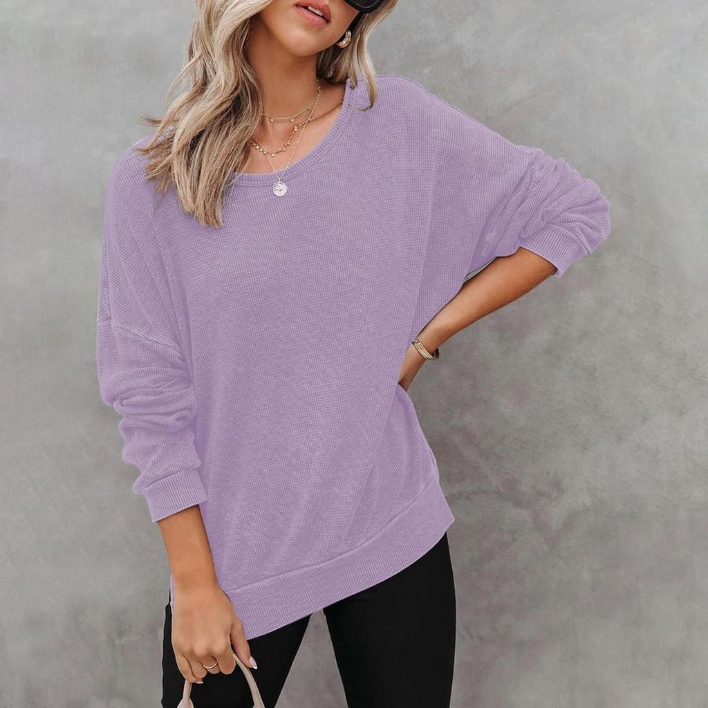 Women's Loose Fit Round Neck Long Sleeve Side Slit Knit Sweatshirt