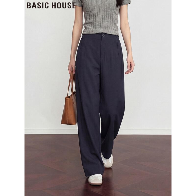 Basic House Women s Navy Blue Wide-Leg Linen Blend Trousers L