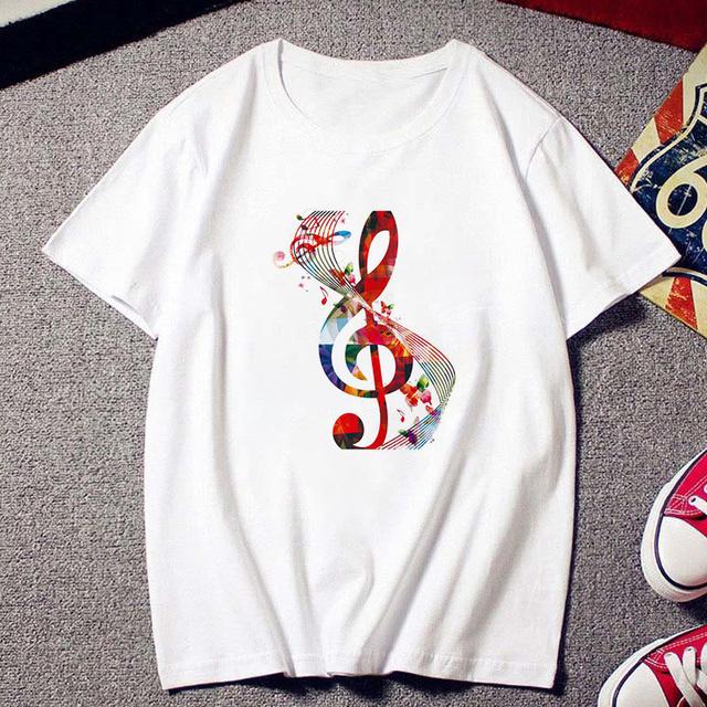 Fashion Creative Musical Note Printed T Shirt Female Harajuku Tshirt Ulzzang Clothes Vintage New White T -Shirt Women Tees Tops