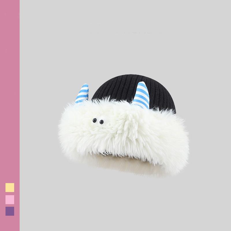 Cute and funny plush knitted hat children keep warm in winter new little monster horn ear protector hat shows small face