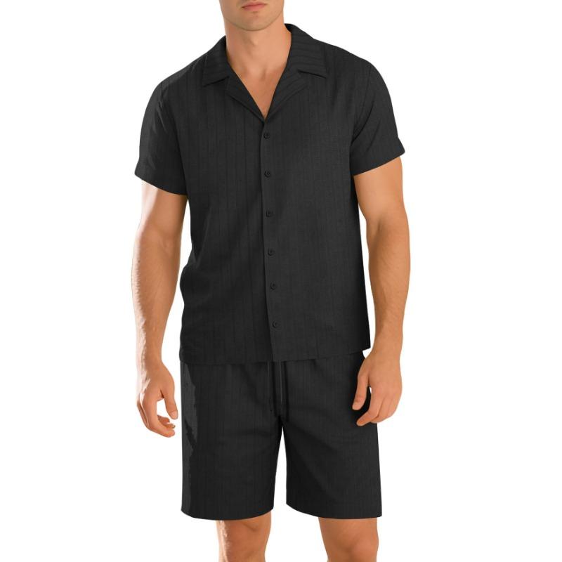 Mens Casual Two Piece Outfit Textured Short Sleeve Cuban Collar Shirt And Drawstring Shorts Set