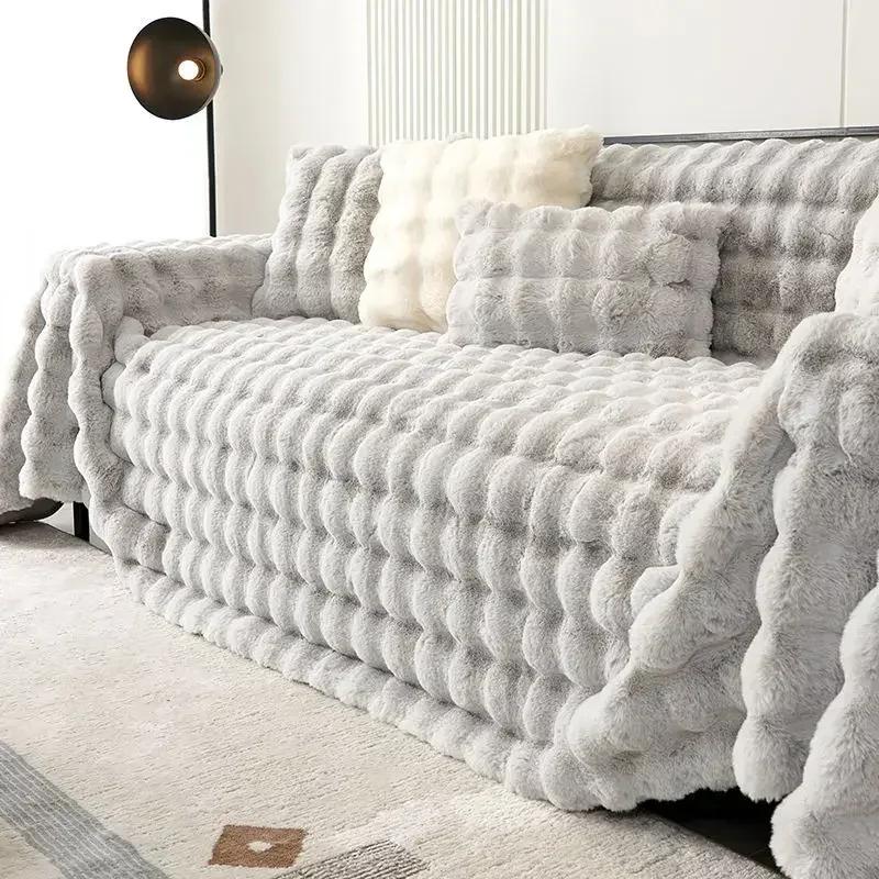Luxury Imitation Rabbit Plush Sofa Towel Winter Warm Fluffy Throw Blanket Super Soft Smooth Thicken Velvet Sofa Cover