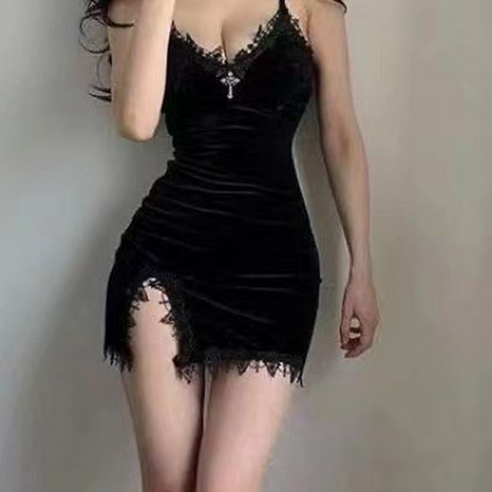 Korean Velvet Lace Spaghetti Strap V-neck Dress - Sexy Style with Waist-cinching Slit Skirt