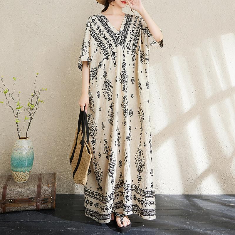 

DIMANAF Women New 2025 Basic Plus Size Summer Dress Casual Linen Printing V-Neck Short Sleeve Dress Loose Dress One Size белый