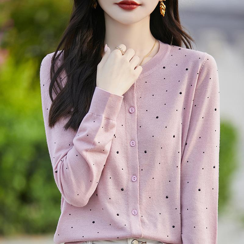 Heavy Industry Hot Diamond Worsted Wool Crew Neck Knitted Cardigan Spring And Summer New Loose Temperament Versatile Top Women
