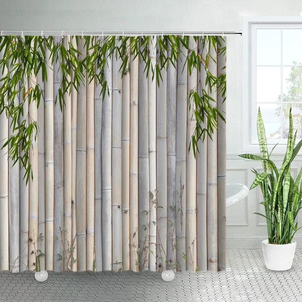 

Bamboo Printed Shower Curtains Set Zen Japanese Spring Nature Tan Home Decor Asian Fabric Chic Bathroom Bath Curtain With Hooks W60H190(CM)-1 Pcs