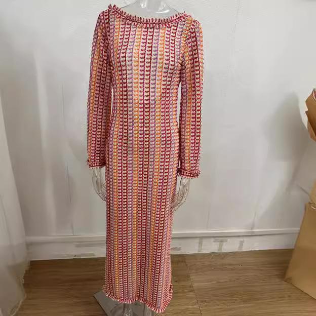 Vestido Largo de Punto a Rayas en Contraste de Manga Larga para Mujer Moda Casual Vestidos Maxi sin Espalda Vacaciones de Playa Elegantes Vestidos