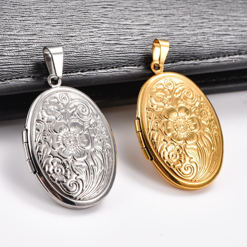 Geschnitzter Floraler Edelstahl Eier Foto Medaillon Anhänger Halskette für Damen Herren Öffnungsfähiger Bilderrahmen Charms Kette Metall Schmuck