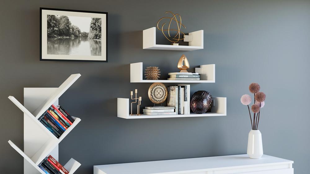 SET OF 3 X MOBI 3P WALL-MOUNTED SHELF, WHITE, FOR HOME AND OFFICE