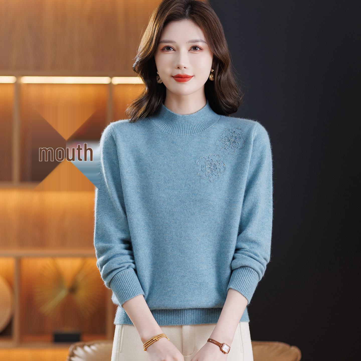 

Women s Pure Wool Embroidered Sweater - Half-High Collar, Autumn/Winter, for Middle-Aged & Elderly, Warm Base Layer/Outerwear XL (For 115-125 jin) синий