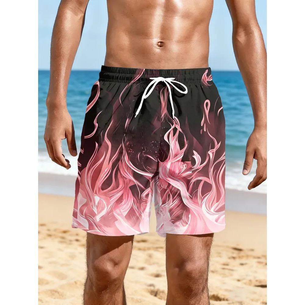 Fashionable Comfortable Plus Size Drawstring Loose Flame 3D Shorts Men Creative Colorful Summer Leisure Holiday Cool Daily Versatile Shorts