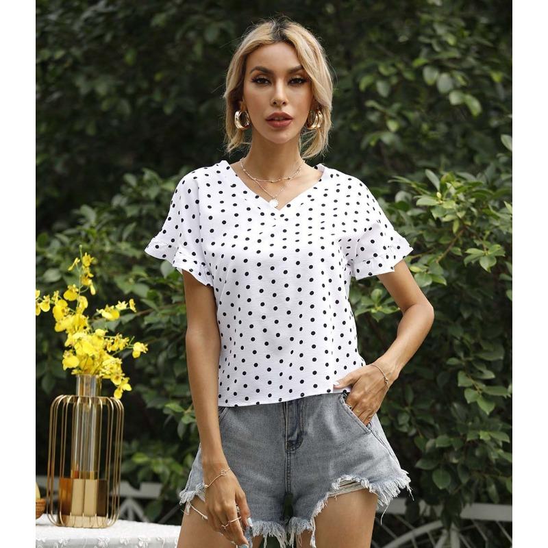 Women's Summer Polka Dot V-Neck Short Sleeve T-Shirt Top