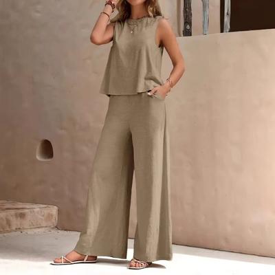 Completo da Donna 2 Pezzi Monocolore, Top Canotta Senza Maniche Girocollo + Pantaloni a Gamba Larga, Set Coordinato Casual