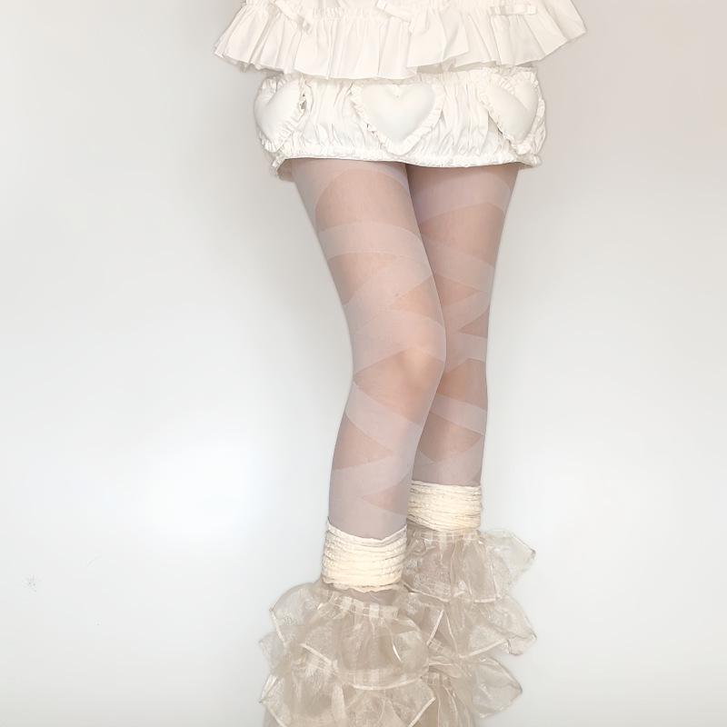 

Y2K Subculture Black & White Bandage Thigh-High Stockings & Ruched Lolita Pants for Women One Size бежевий