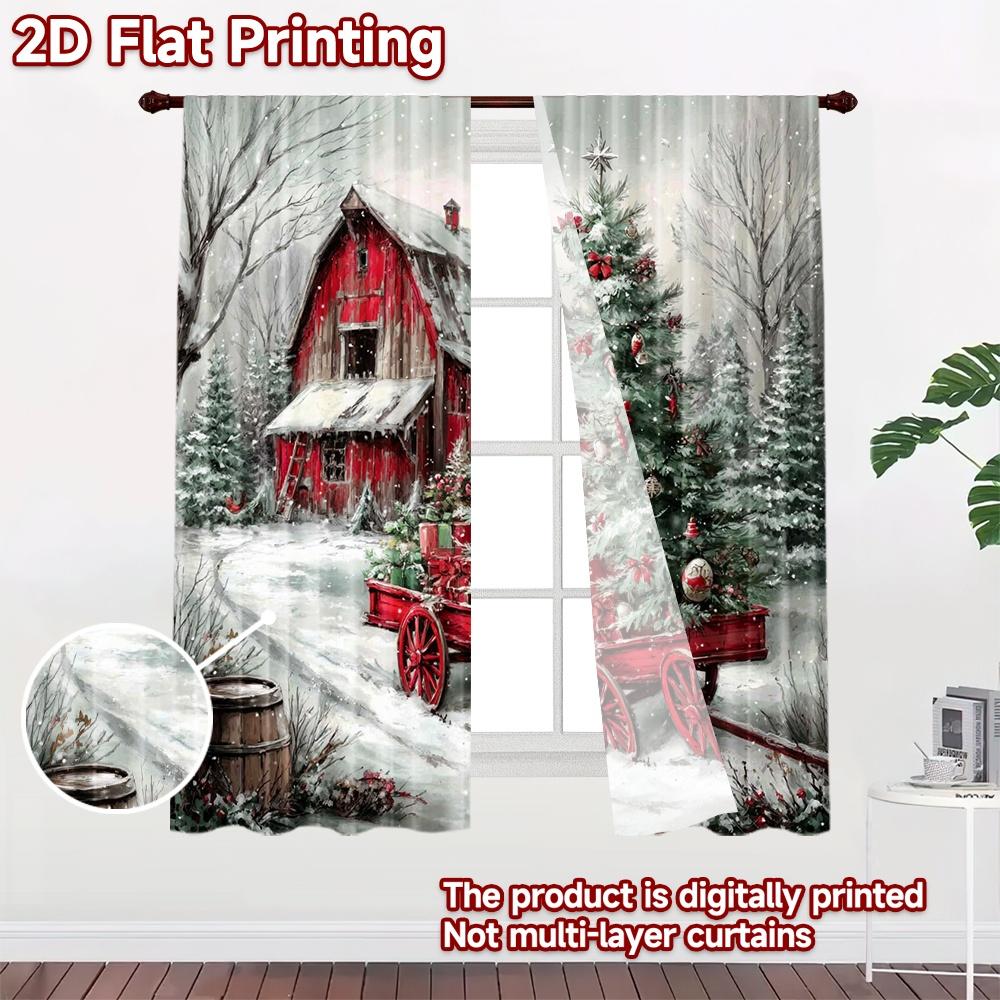 2D Flat Printing 2pcs Curtain Drapes Christmas Tree and Barn Digital Printed Polyester Drapes Holiday Decorations for Outdoor