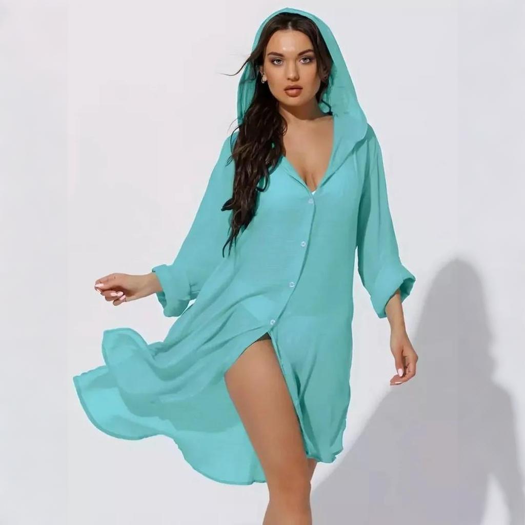 Women's Beach Cover Up Shirt Dress Lightweight Button Down Long Sleeve Casual Vacation Swimwear Cover Up for Bikini Swimwear