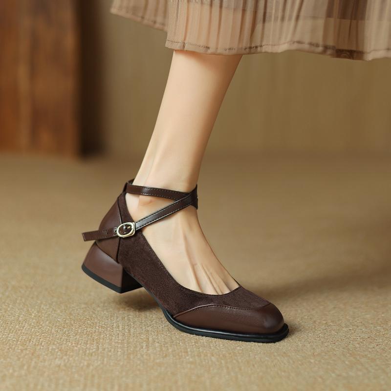 Fashion Women's New Spring and Autumn Square Head Splicing Elastic Metal Belt Buckle Middle Heel Large Retro Work Single Shoes