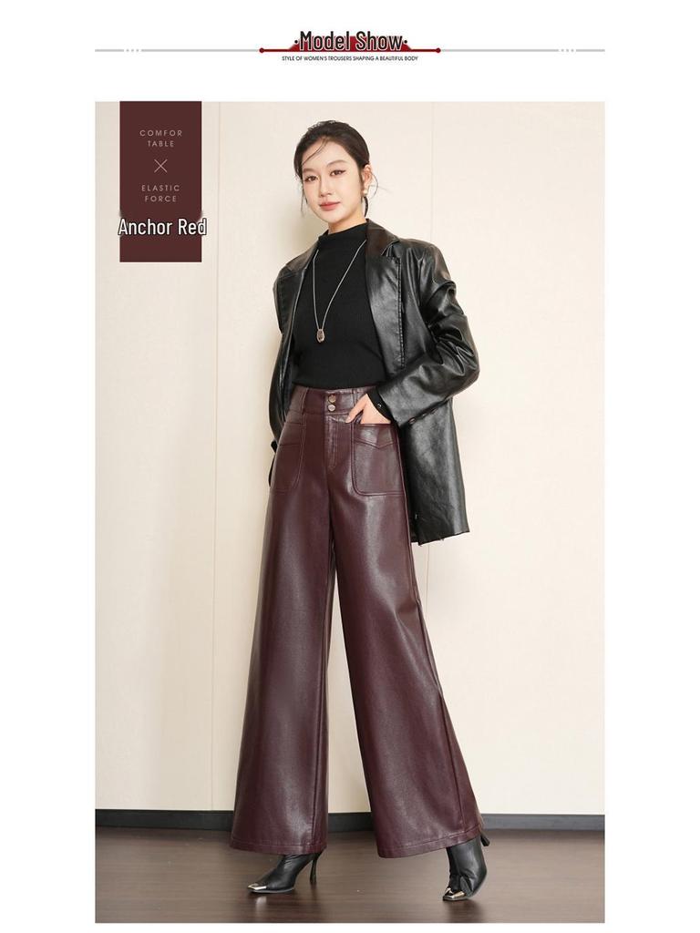 Chic Women's High-Waisted Lambskin Wide-Leg Pants - 2025 Autumn/Winter Slimming Casual Fit