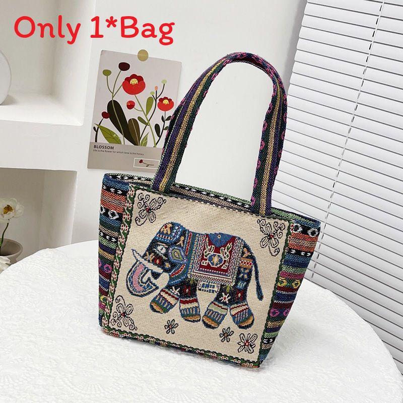 Elephant Embroidered Canvas Handbag With Dual Handles For Casual Daily Use