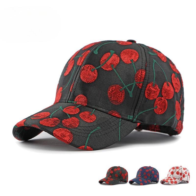 Fashion Cherry Jacquard Baseball Cap for Women Korean Style Structured Peaked Hat Sweet Fruit Print Sun Cap Outdoor Casual Dad Hat