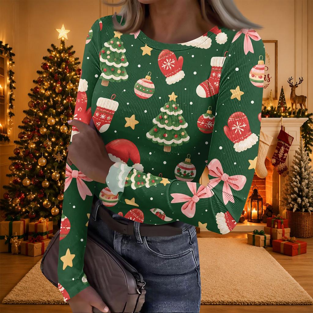 Women's Christmas Print Long Sleeve Round Neck Ribbed Knit Top