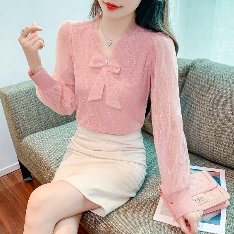 Camicia da Donna Dolcevita con Fiocco Stile Coreano Manica Lunga Dolce