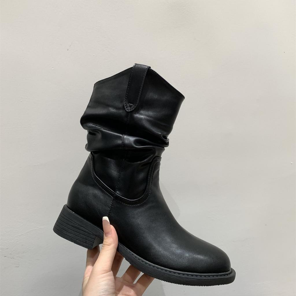 Thick-soled V-mouth thin medium boots women's shoes 2025 spring and autumn single boots western cowboy pile short boots Martin boots