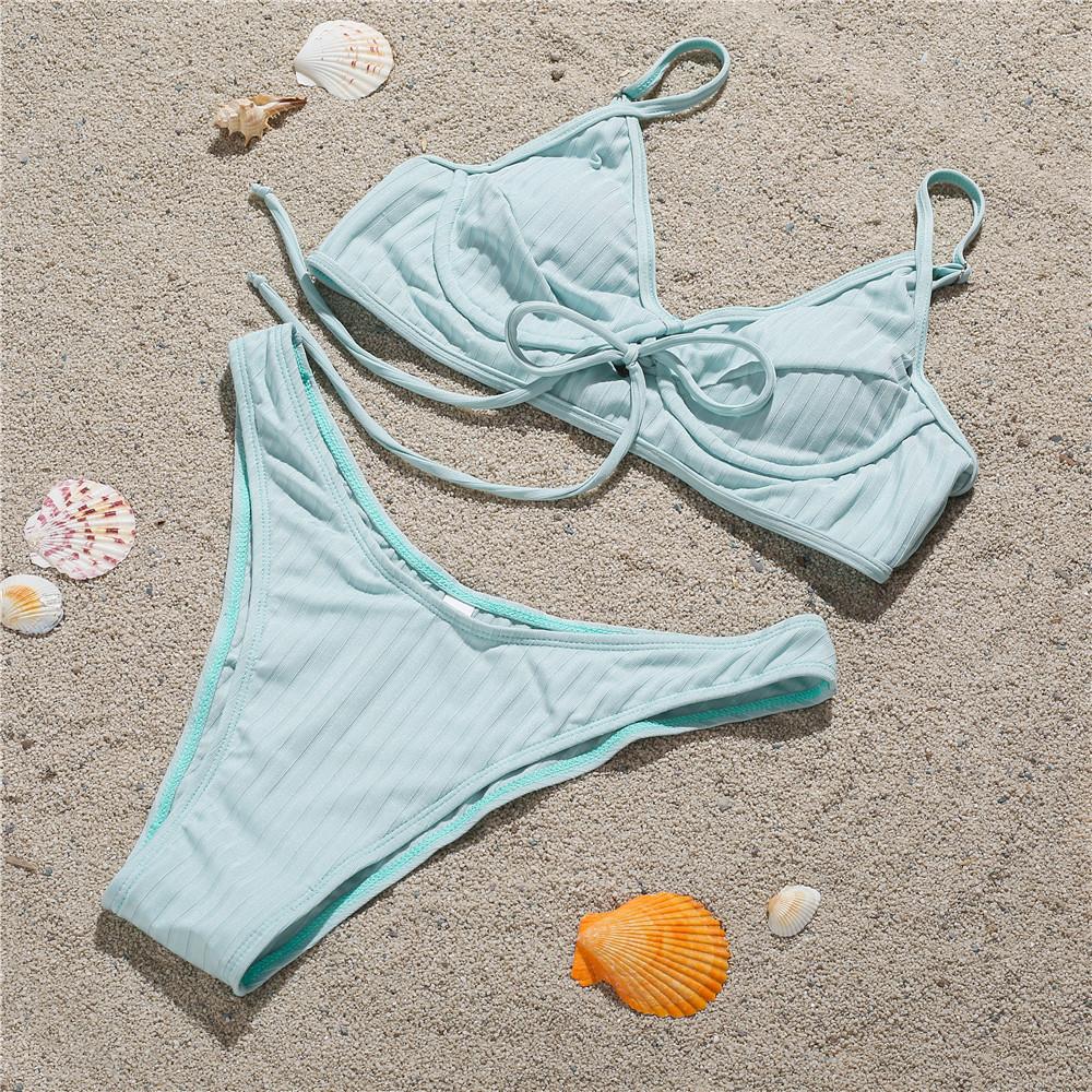 

Женский купальный костюм из 2 предметов, наборы бикини со сборками на веревке, простой купальник, пляжная одежда, летние купальники-бикини S светло-синий