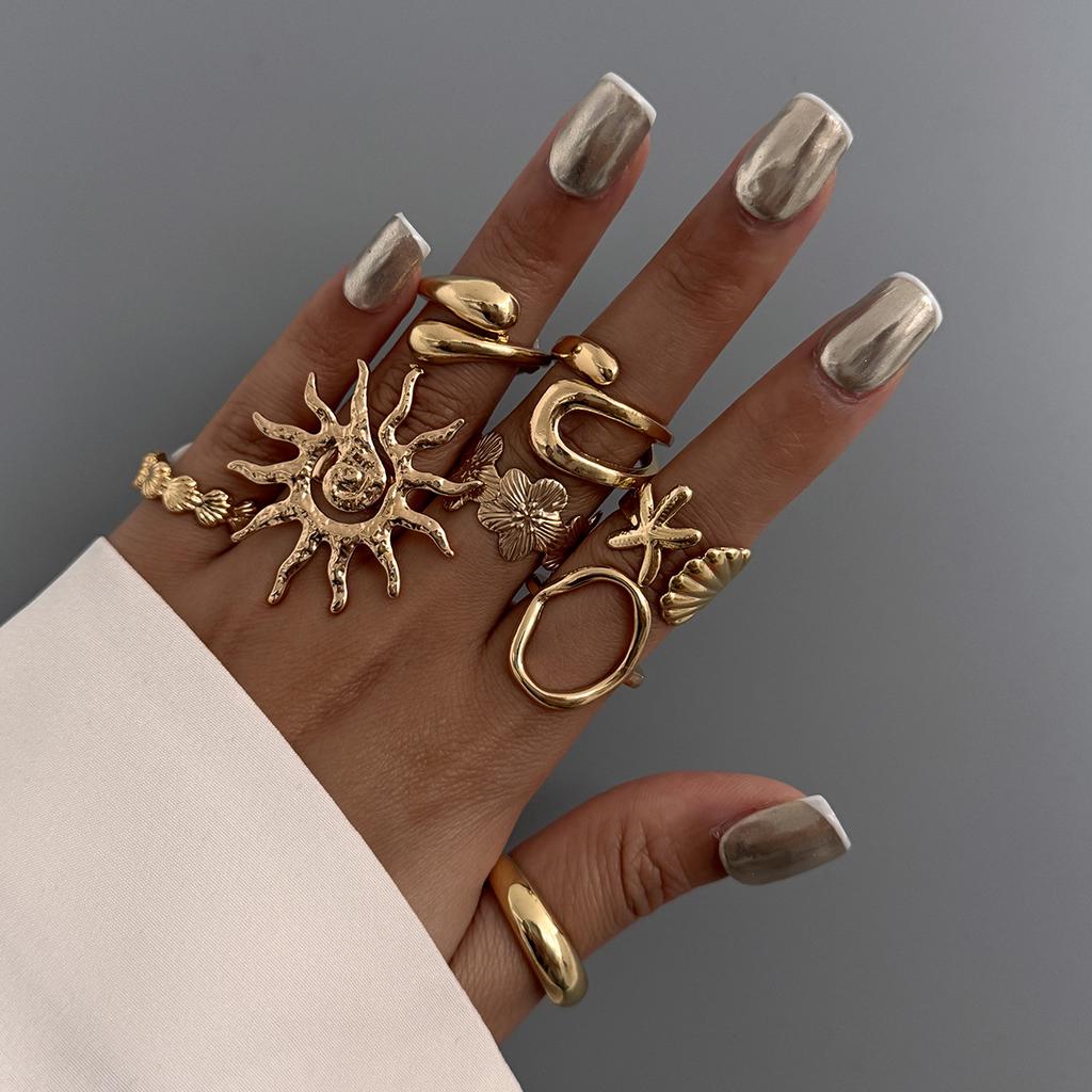 Accessories, Holiday Starfish Scallop Open Ring, Alloy Flower Ring Set Glossy
