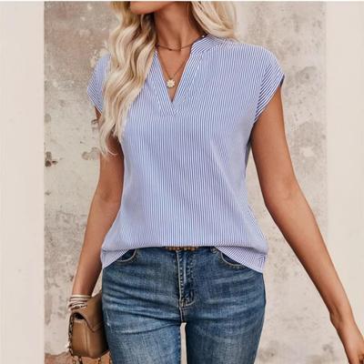 Women's New Summer Style Small Flying Sleeve Shirt V-neck Casual Striped Top