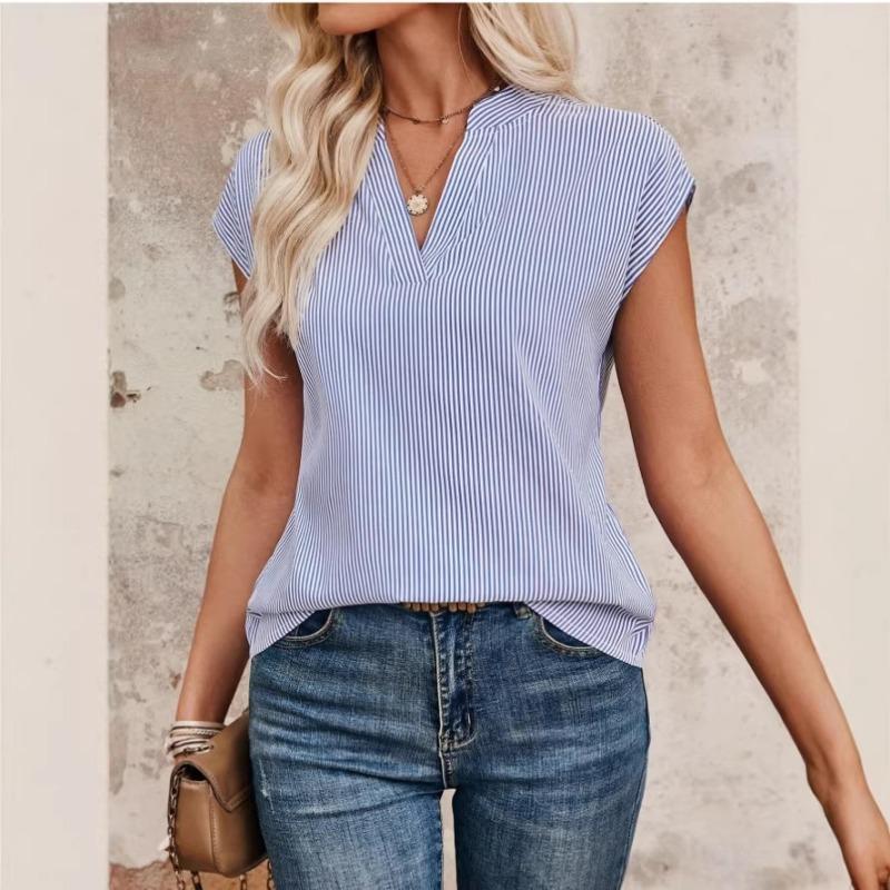 

Women s New Summer Style Small Flying Sleeve Shirt V-neck Casual Striped Top XS