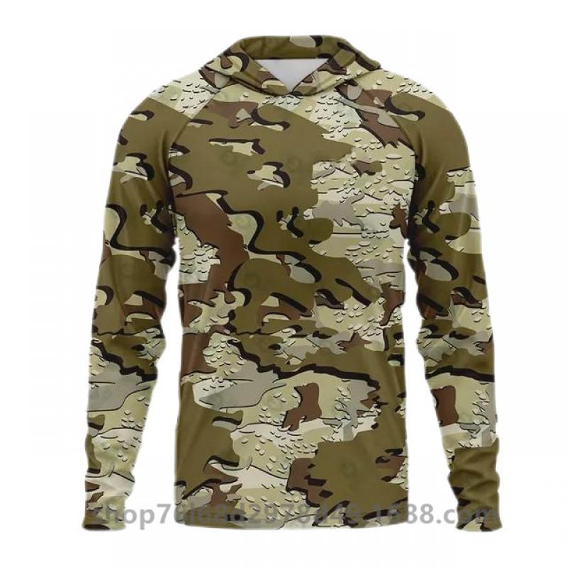 Mens Ice Silk Long Sleeve Fishing Shirt With Integrated Camo Face Cover Hood UPF50 Sun Protection Lightweight Quick Dry