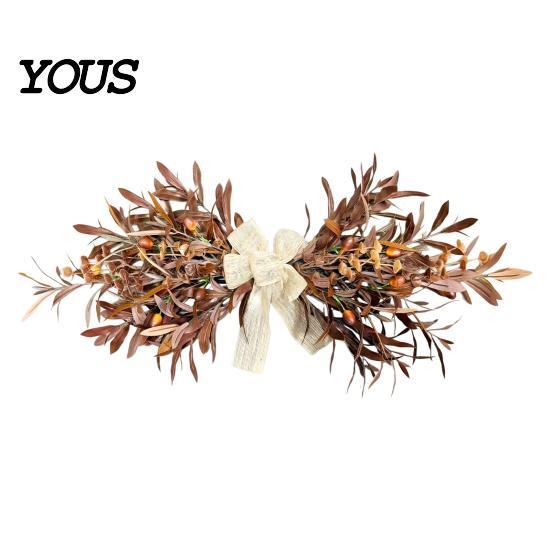 Decorative Wreath for Mantel 23.6" Artificial Olive Wreath, Faux Fall Leaf Teardrop Swag, Autumn Door Hanger Curved with Burlap Bow Thanksgiving Front