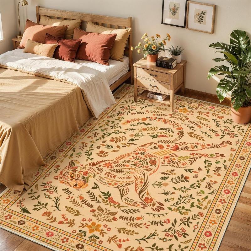 Green Botanical Tiger Floral Area Rug Boho Jungle Animal Print Non-Slip Soft Indoor Carpet Living Room Bedroom Home Decor Mat