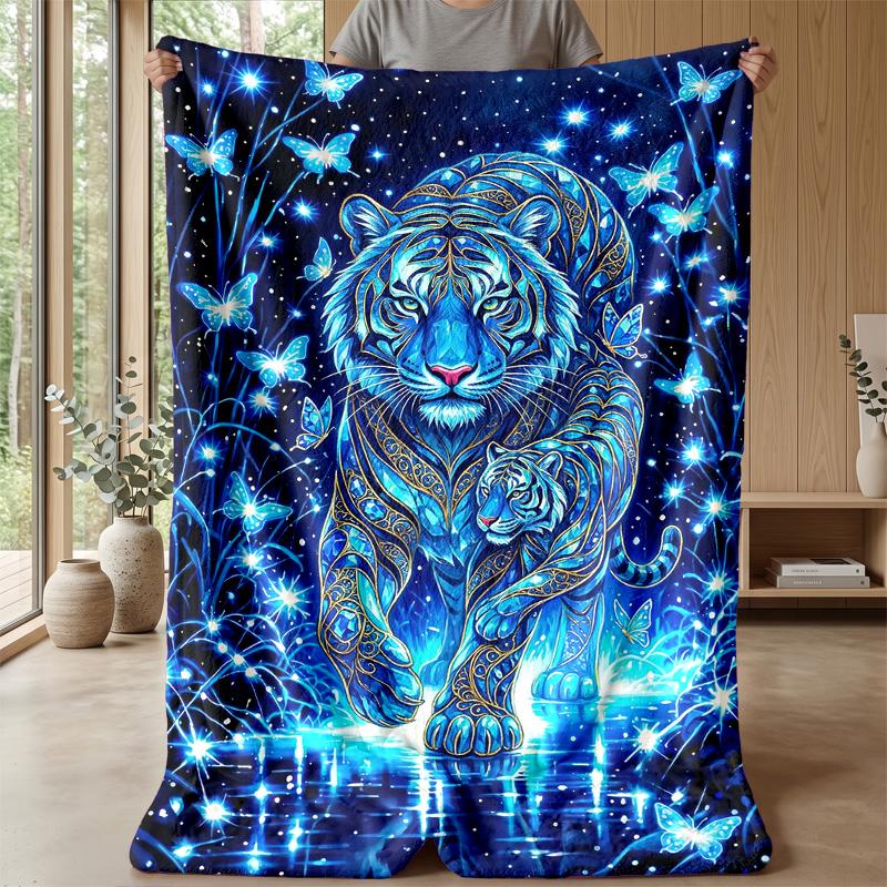 Blue Tiger Ocean Wave Blanket Personalized Name Flannel Blanket Soft Cozy Plush Throw for Sofa Bed Lightweight Home Decor