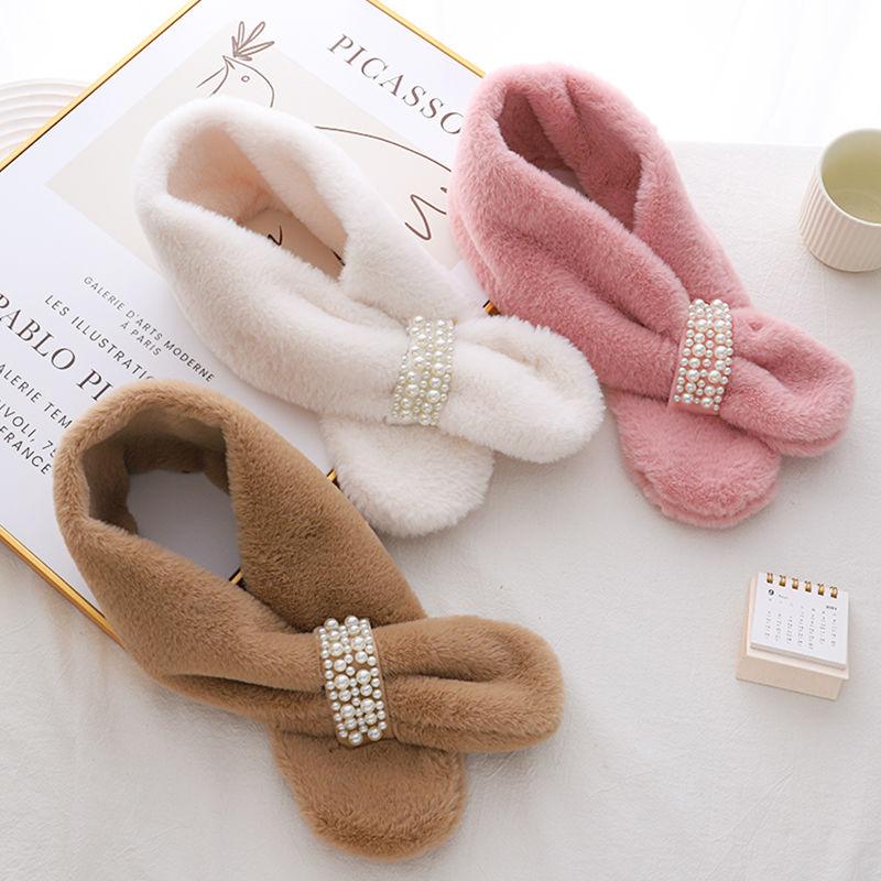 Winter Perl Pelz Plüsch Schal mit Damen Knopf Kreuz und Verdicktem Schal