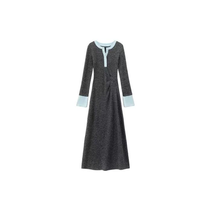 

Korean pit strip knitted dress, new French contrasting colors, slim fit, long sleeves, thin and tall, versatile base S