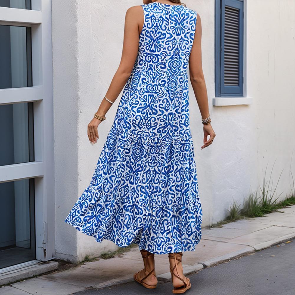 Women's V Neck Sleeveless Midi Dress Loose Fit Elastic Waist Casual Floral Print Tiered Vacation Dress
