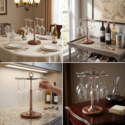 Wood Base Bar Glass Stand Metal Frame Wine Cup Rack Durable Structure Decor Ornament  Bar