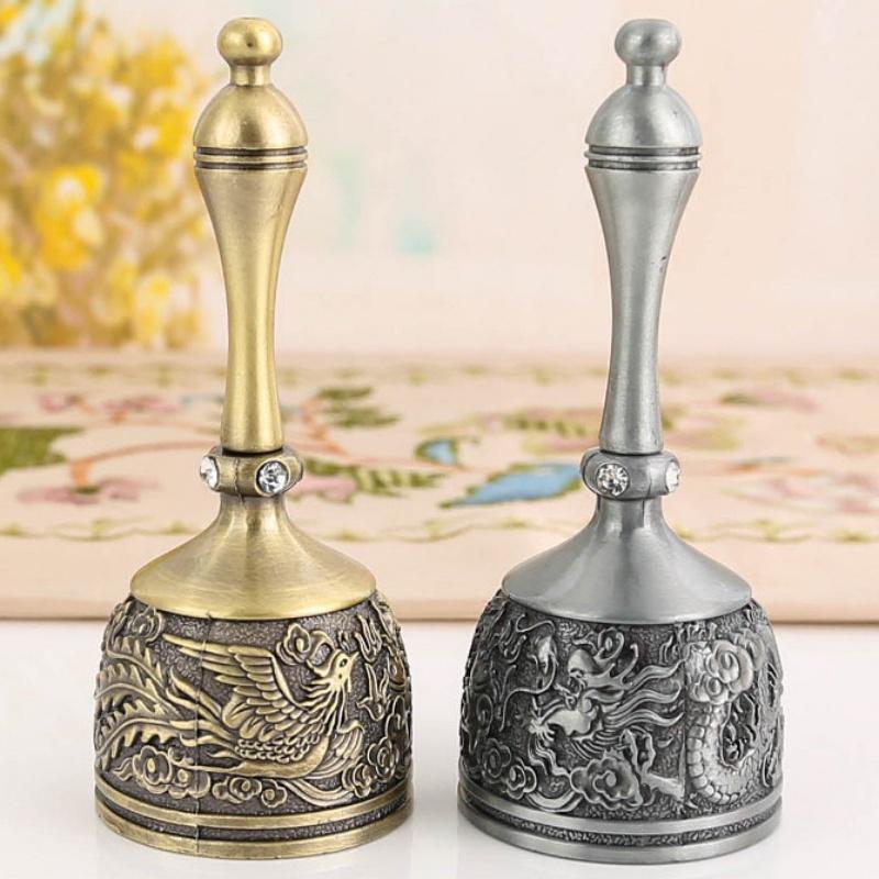 Hand Call Dinner Bell,Engraving Inlaid Gem Multi-Purpose Bells Craft Hand-Cranked Bell Alarm School Church Hotel Vintage Bell